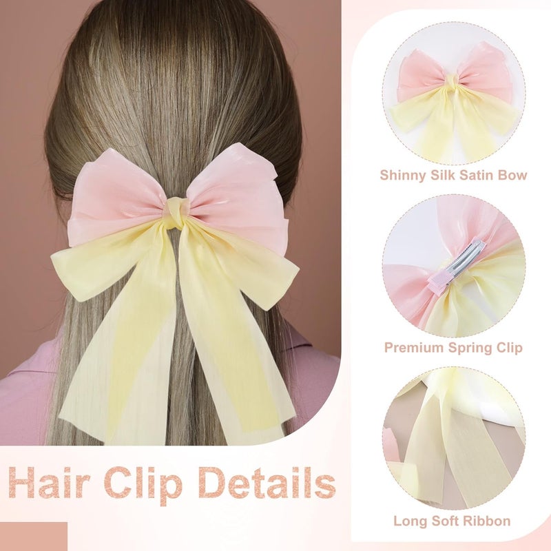 STSTR 2Pcs Large Hair Bow Clips, Pink Yellow Silk Yarn Ribbon Bow Hair Barrette for Women, Elegant Long Tail Bowknot French Accessories for Wedding, Parties, Festivals - Style 2 - Image 4